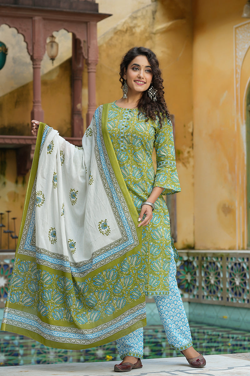 Green Pure Cotton Straight Kurta Pant With Dupatta Set VKSKD1266A