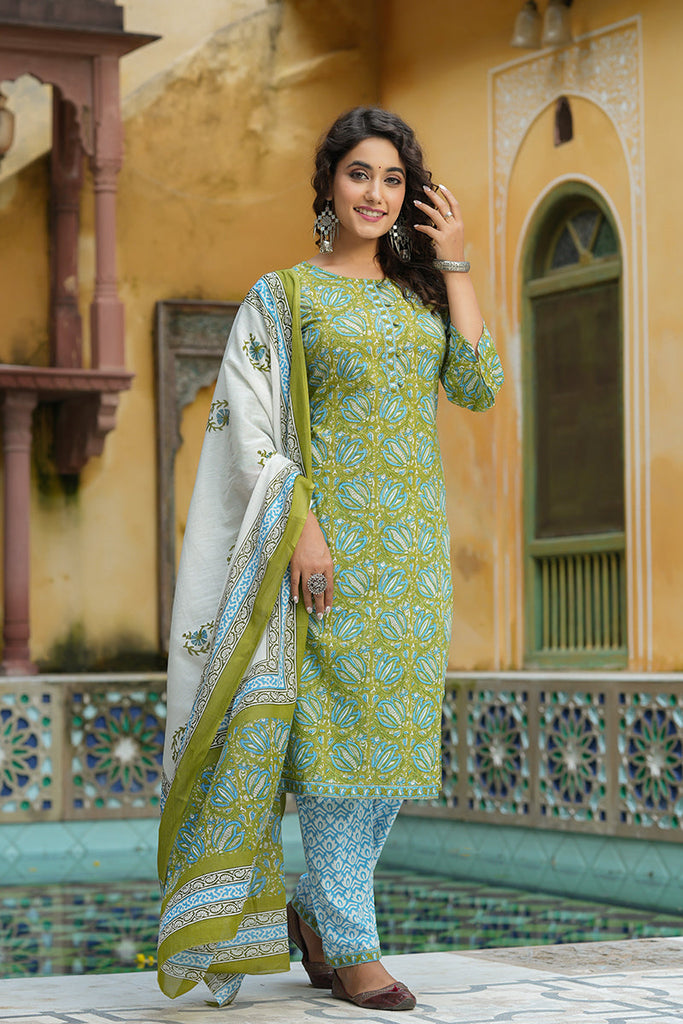 Green Pure Cotton Straight Kurta Pant With Dupatta Set VKSKD1266A