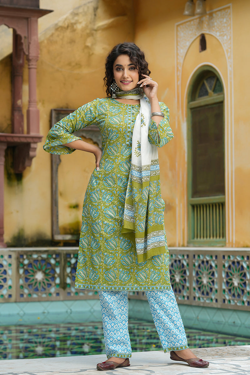 Green Pure Cotton Straight Kurta Pant With Dupatta Set VKSKD1266A