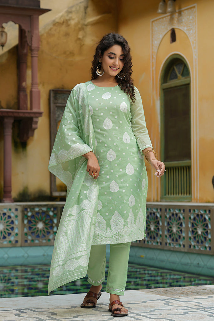  Women Green Woven Design Kurta Trousers With Dupatta