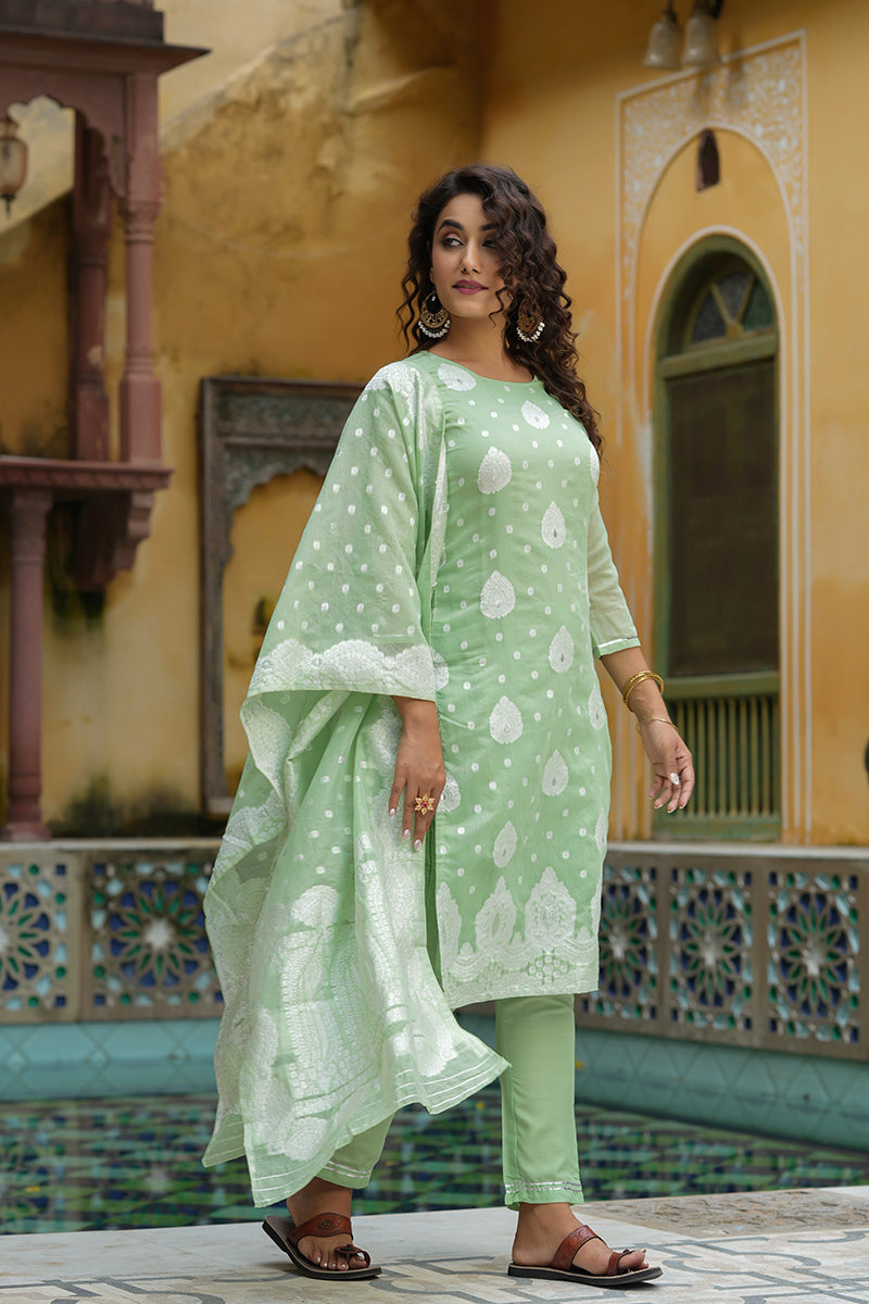  Women Green Woven Design Kurta Trousers With Dupatta