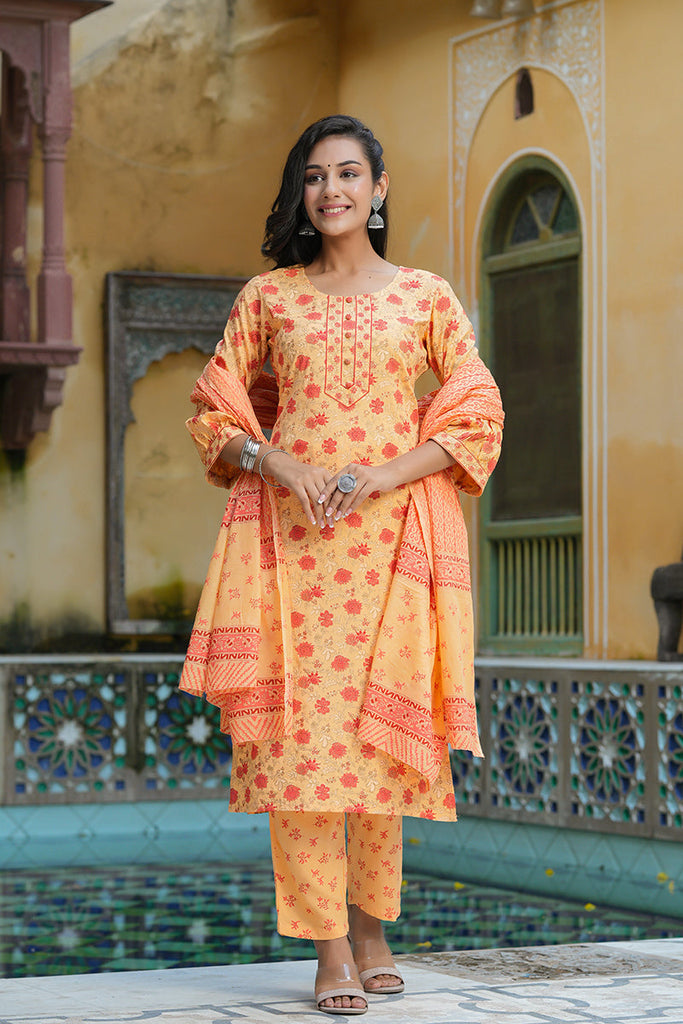 Orange Pure Cotton Straight Kurta Pant With Dupatta VKSKD1264