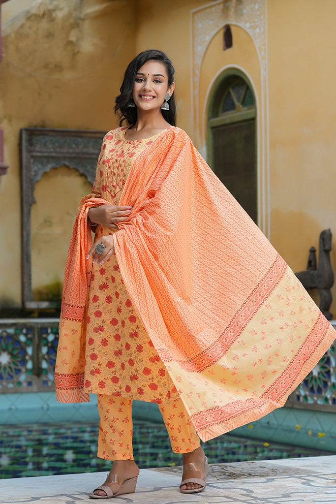 Orange Pure Cotton Straight Kurta Pant With Dupatta VKSKD1264