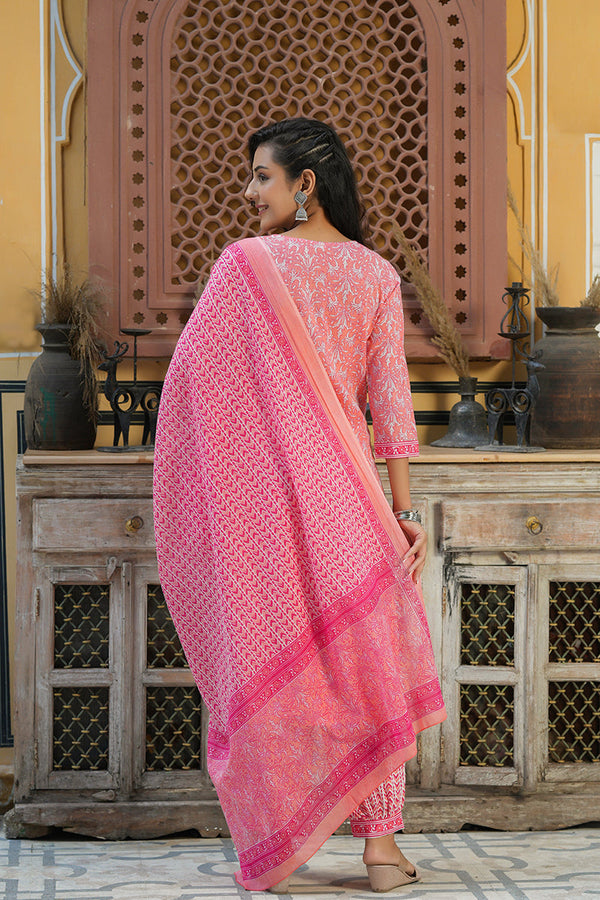  Women Cotton Pink Embroidered Work Straight Kurta Pant Dupatta Set