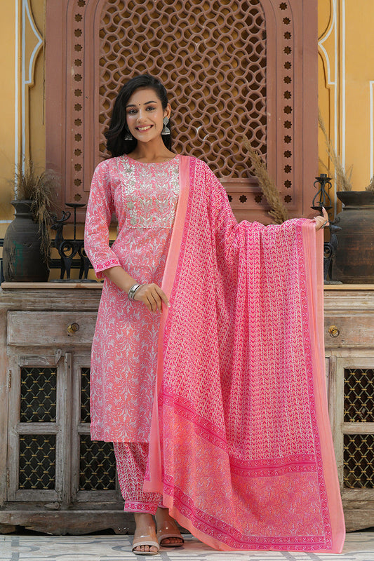  Women Cotton Pink Embroidered Work Straight Kurta Pant Dupatta Set