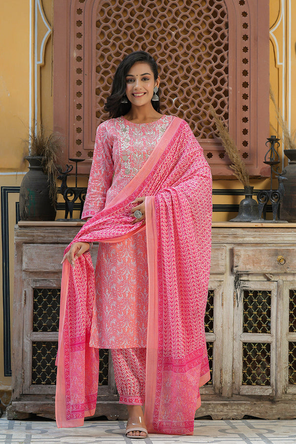  Women Cotton Pink Embroidered Work Straight Kurta Pant Dupatta Set