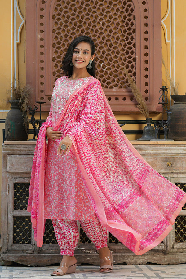  Women Cotton Pink Embroidered Work Straight Kurta Pant Dupatta Set
