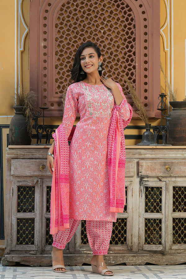  Women Cotton Pink Embroidered Work Straight Kurta Pant Dupatta Set