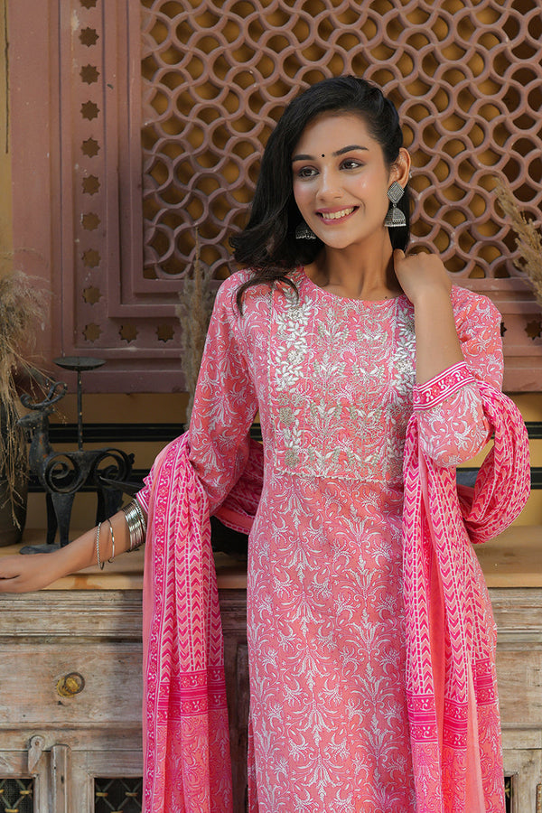  Women Cotton Pink Embroidered Work Straight Kurta Pant Dupatta Set