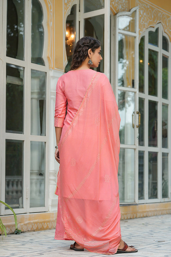  Women Peach-Coloured Yoke Design Pure Cotton Kurta with Palazzos Dupatta