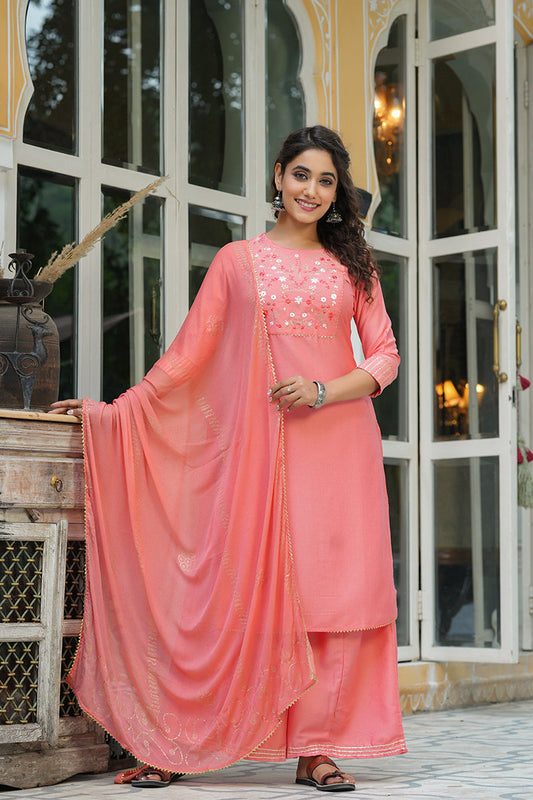  Women Peach-Coloured Yoke Design Pure Cotton Kurta with Palazzos Dupatta