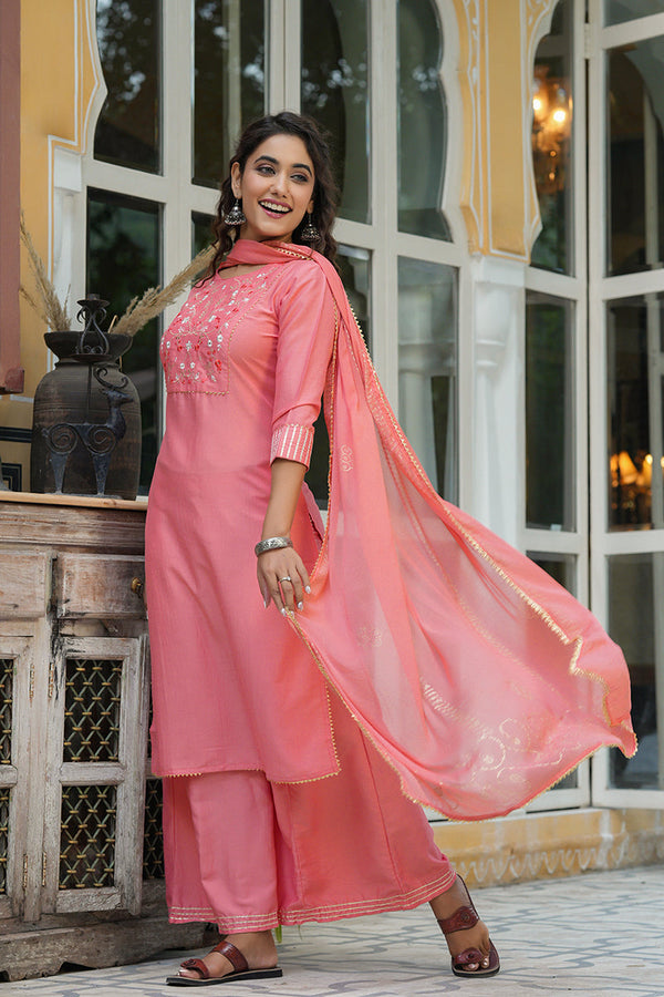  Women Peach-Coloured Yoke Design Pure Cotton Kurta with Palazzos Dupatta