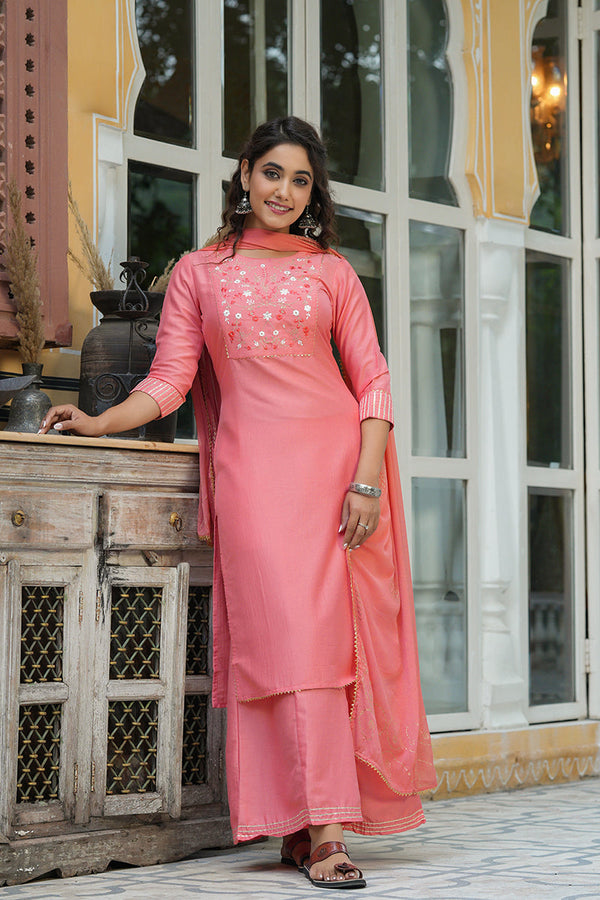  Women Peach-Coloured Yoke Design Pure Cotton Kurta with Palazzos Dupatta