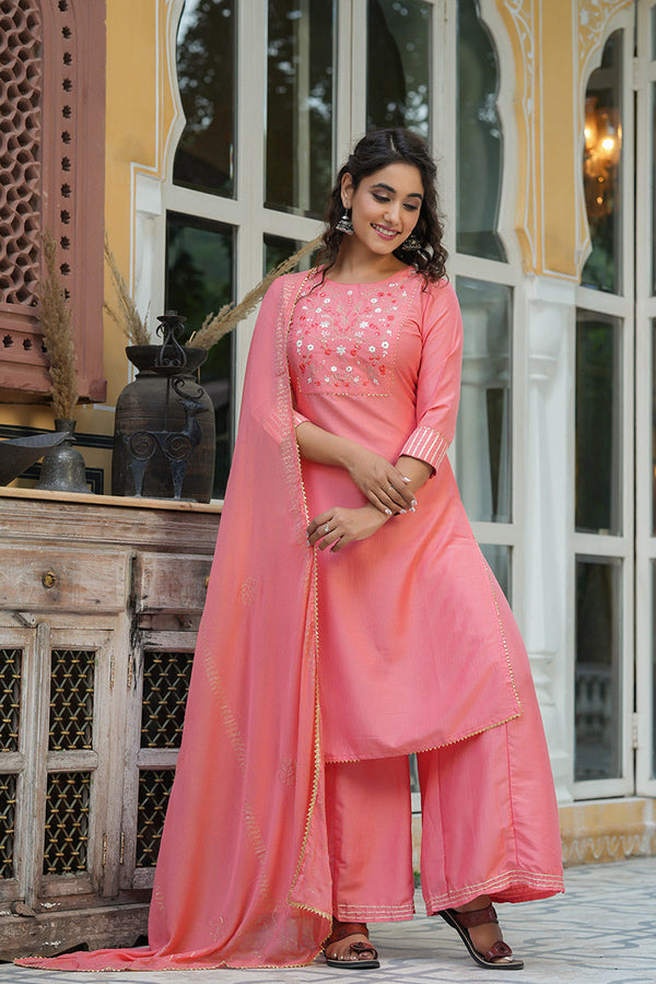  Women Peach-Coloured Yoke Design Pure Cotton Kurta with Palazzos Dupatta