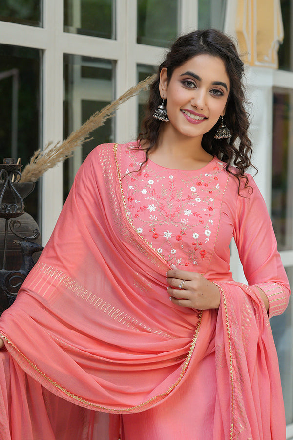 Women Peach-Coloured Yoke Design Pure Cotton Kurta with Palazzos Dupatta