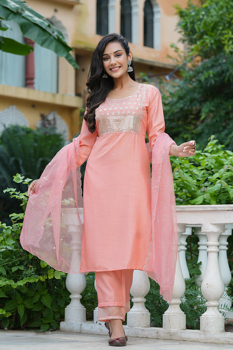  Women Peach Solid Embroidered Kurti Trousers With Dupatta