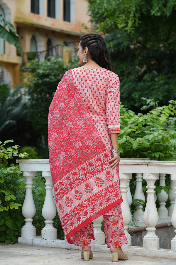 Women Pink Printed Kurta Trousers With Dupatta