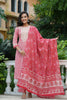  Women Pink Printed Kurta Trousers With Dupatta