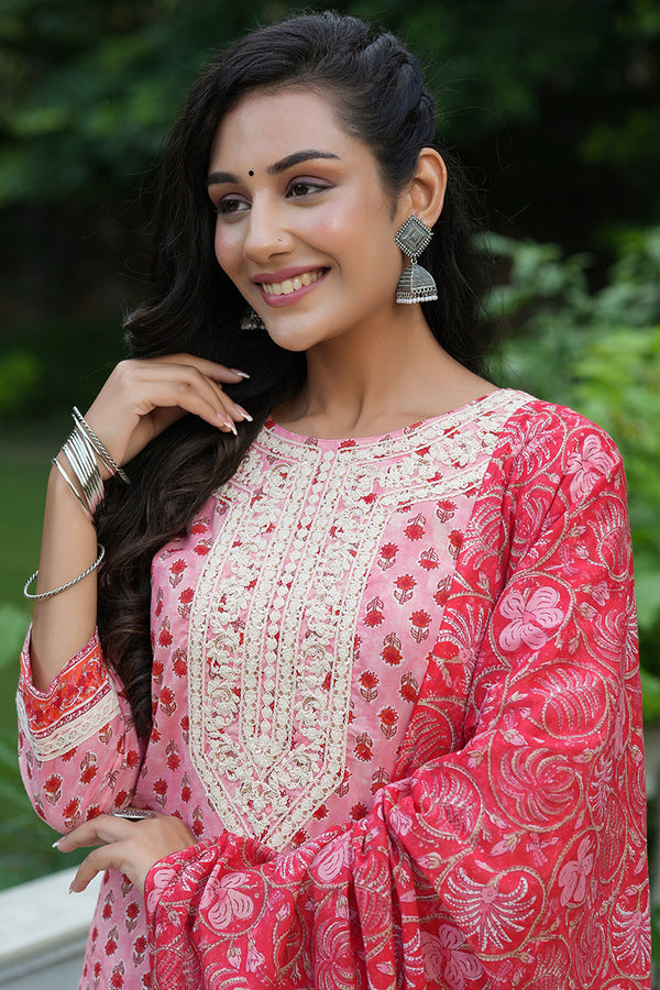  Women Pink Printed Kurta Trousers With Dupatta