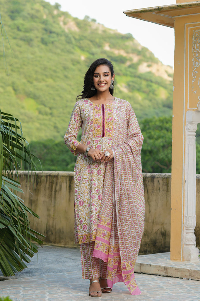 White Cotton Ethnic Motifs Printed Straight Suit Set VKSKD1161