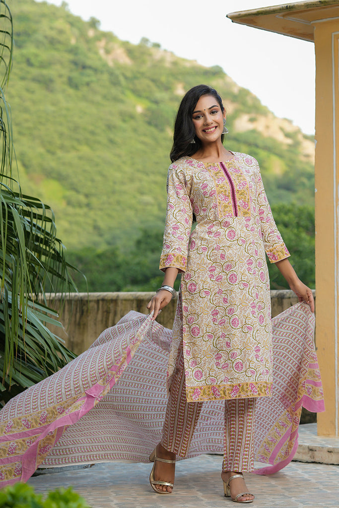 White Cotton Ethnic Motifs Printed Straight Suit Set VKSKD1161