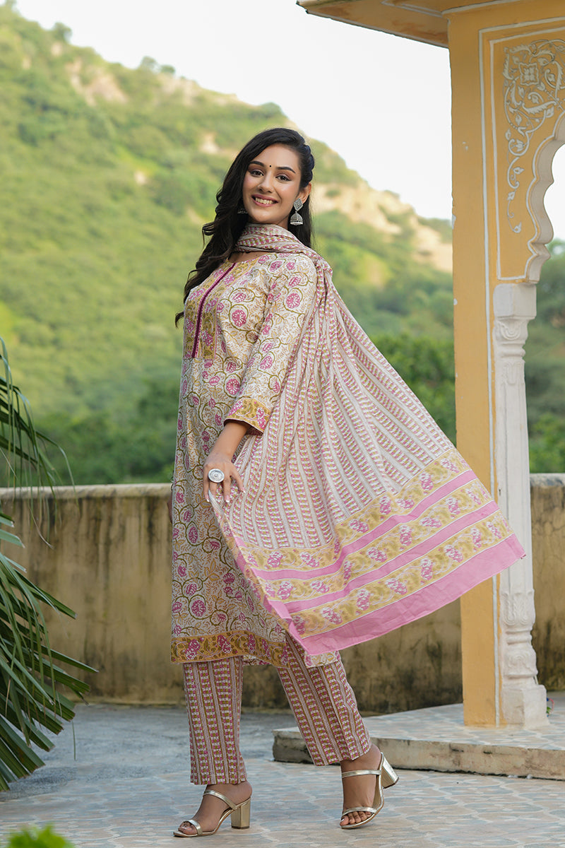 White Cotton Ethnic Motifs Printed Straight Suit Set VKSKD1161