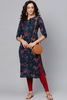 Women Navy Blue and Pink floral Printed Blue Poly Cotton Fabric Kurti