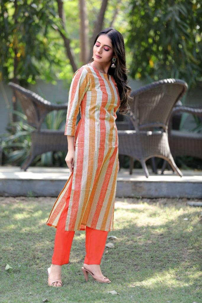   Cream-Colored & Orange Checked Straight Kurta