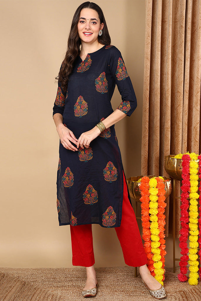 Navy Blue Color Printed Cotton Fabric Kurti VCK1102