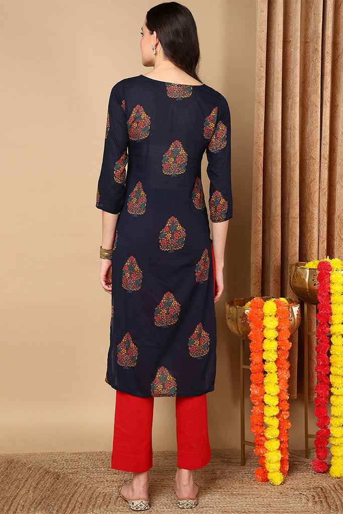 Navy Blue Color Printed Cotton Fabric Kurti VCK1102