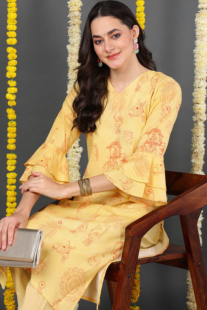 Women Cotton Fabric Yellow Color Printed Trendy Kurti VCK1122