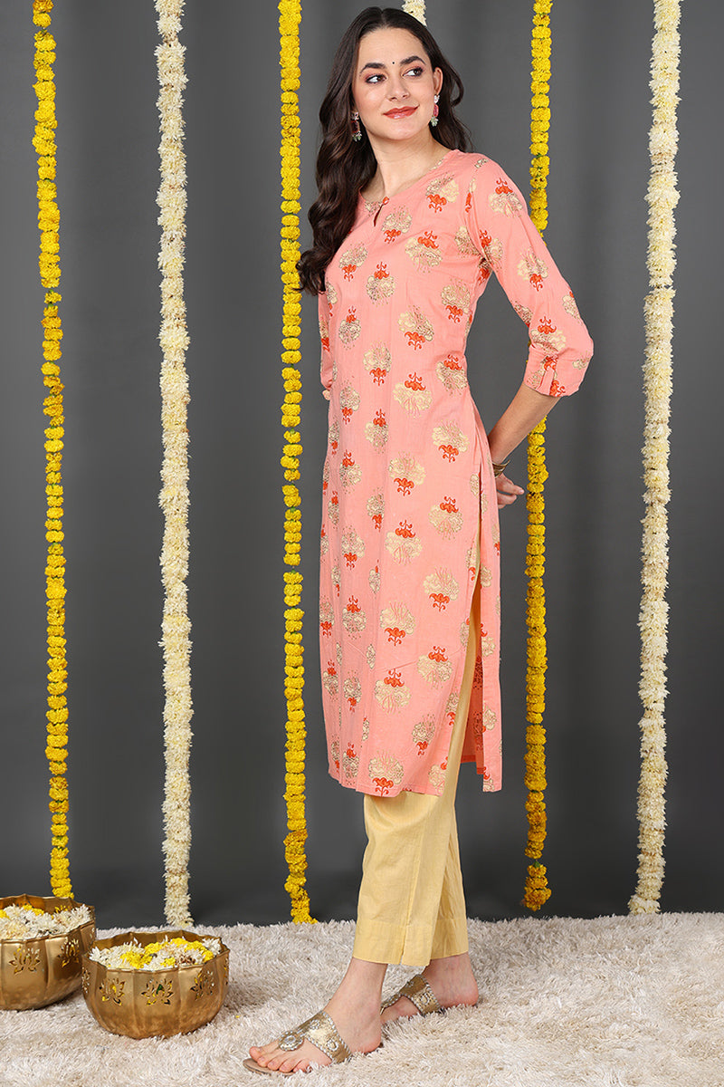 Women Coral Pink & Beige Printed Straight Kurta VCK1128