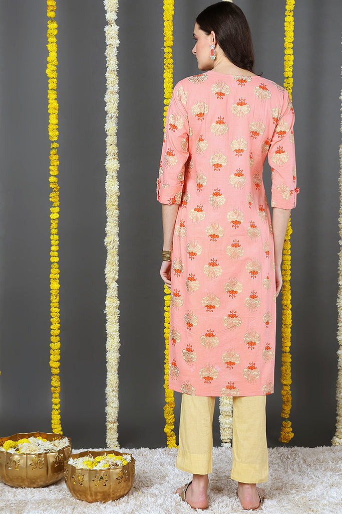 Women Coral Pink & Beige Printed Straight Kurta VCK1128