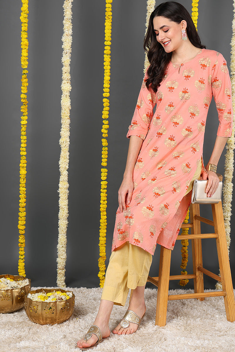 Women Coral Pink & Beige Printed Straight Kurta VCK1128