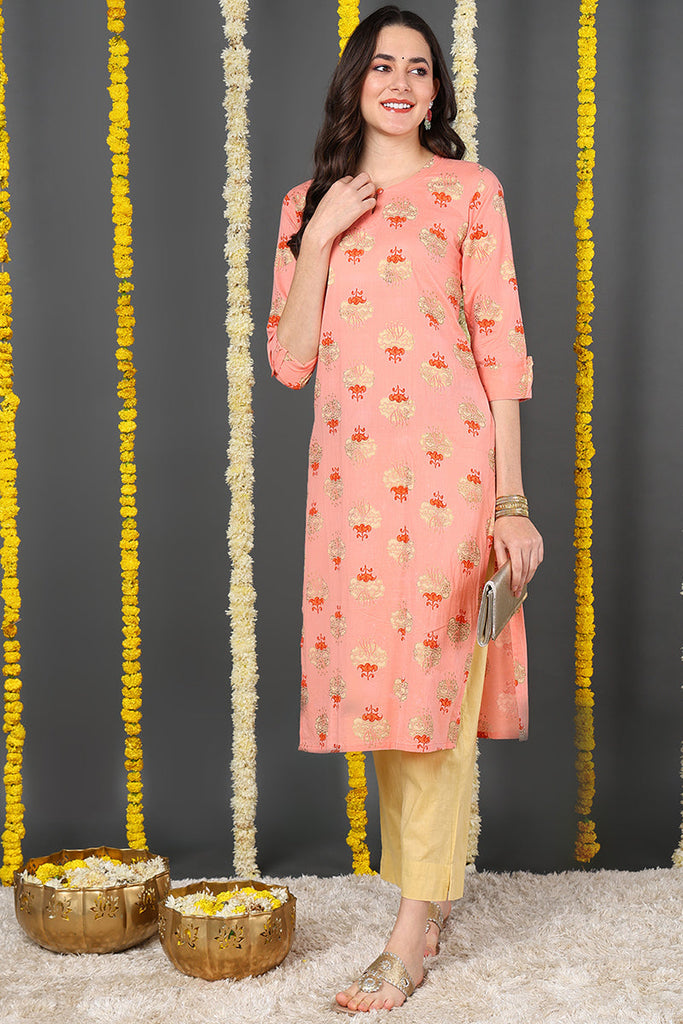 Women Coral Pink & Beige Printed Straight Kurta VCK1128