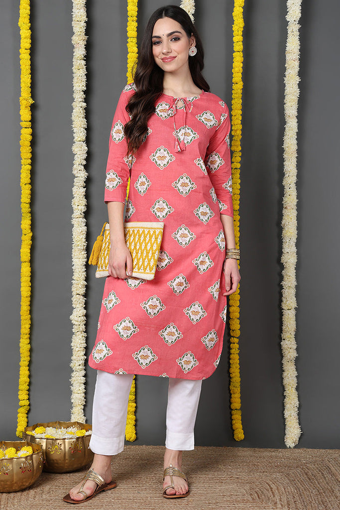 Regular Wear Cotton Fabric Printed Pink Color Simple Kurti VCK1172