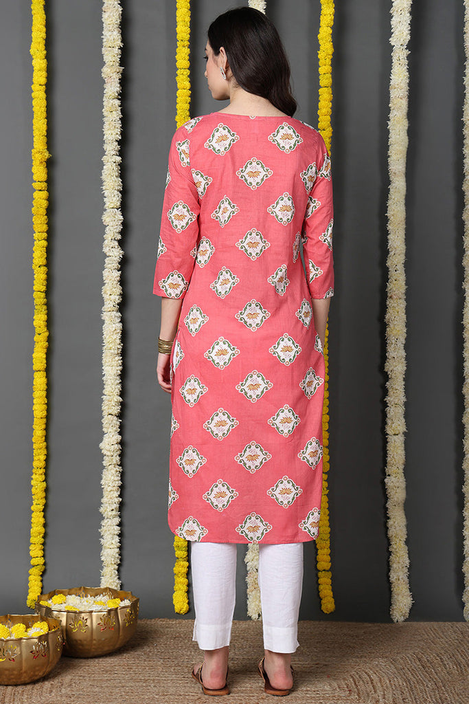 Regular Wear Cotton Fabric Printed Pink Color Simple Kurti VCK1172