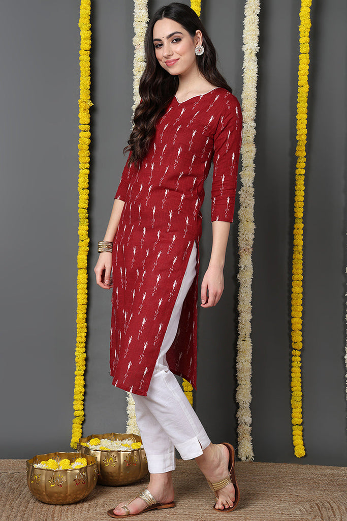 Printed Red Cotton Fabric Kurti VCK1236