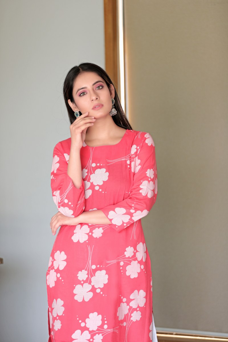   Printed Pink Cotton Fabric Kurti