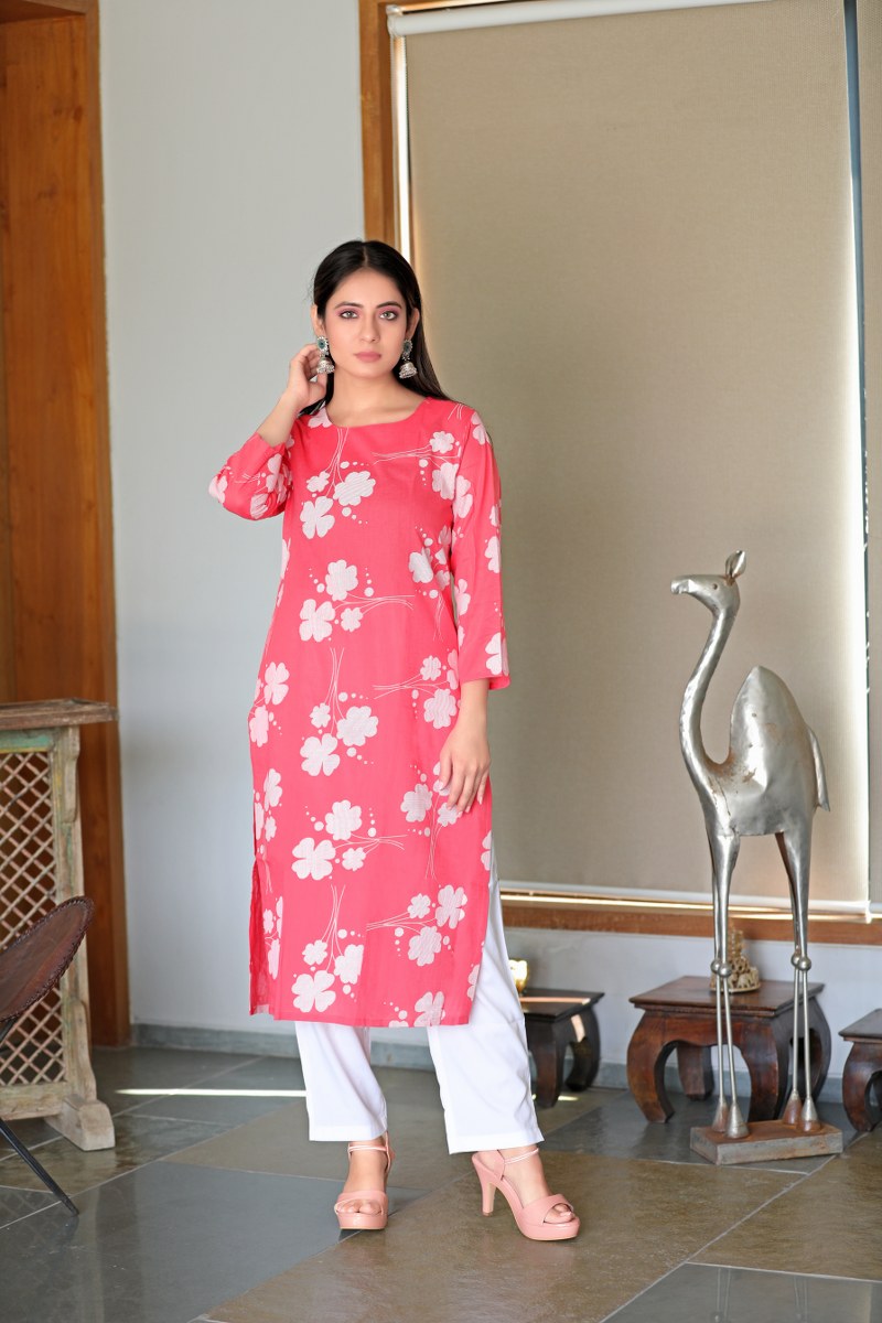   Printed Pink Cotton Fabric Kurti