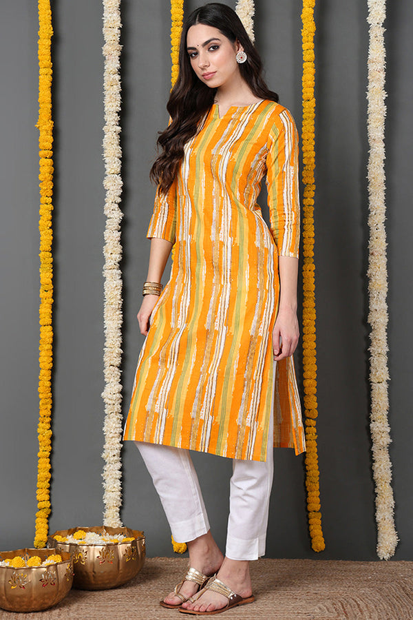 Printed Yellow Cotton Fabric Kurti VCK1258