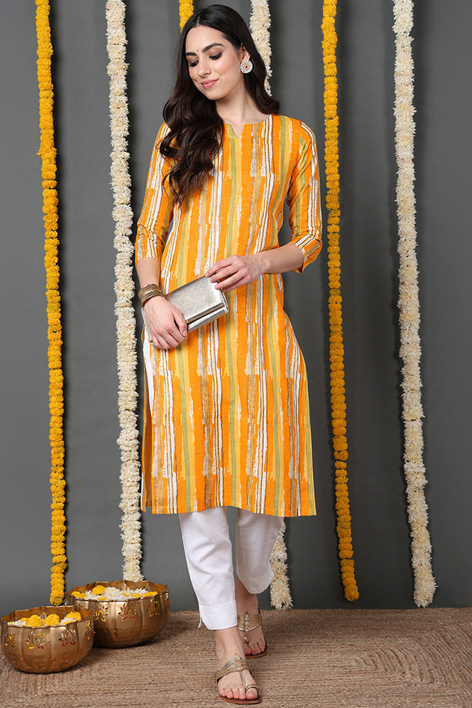 Printed Yellow Cotton Fabric Kurti VCK1258