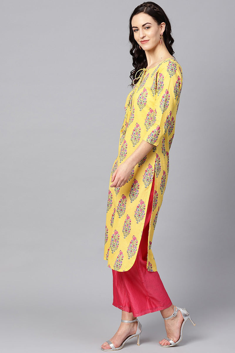   Casual Wear Cotton Yellow Color Printed Trendy Kurti