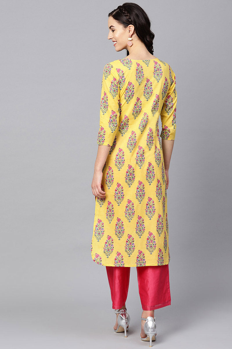   Casual Wear Cotton Yellow Color Printed Trendy Kurti