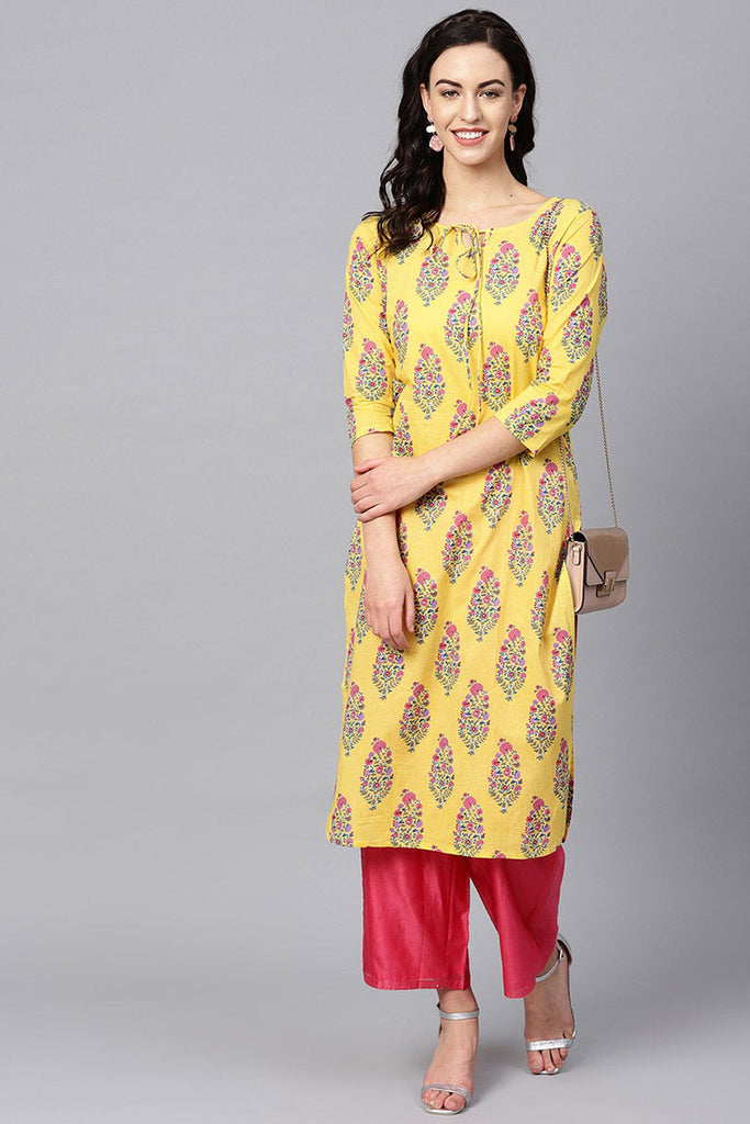   Casual Wear Cotton Yellow Color Printed Trendy Kurti