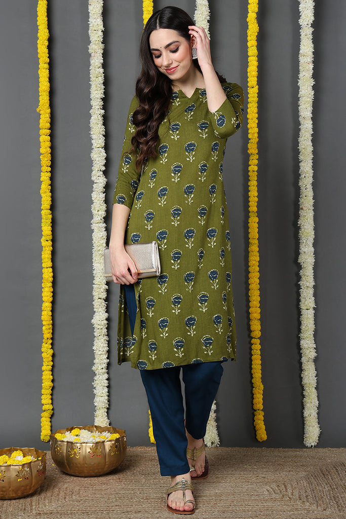 Cotton Trendy Festive Wear Mehendi Green Color Printed Kurti VCK1287