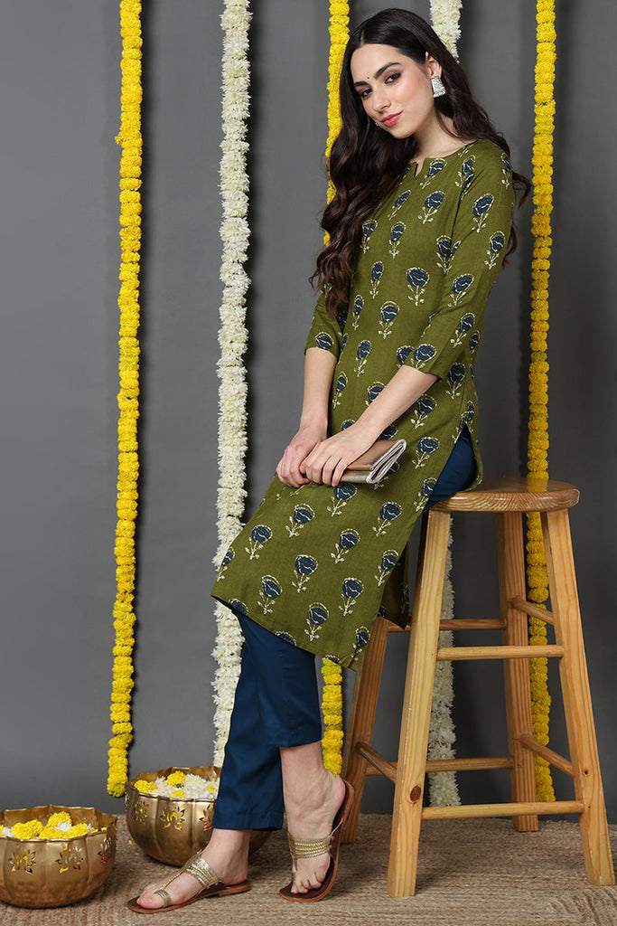 Cotton Trendy Festive Wear Mehendi Green Color Printed Kurti VCK1287