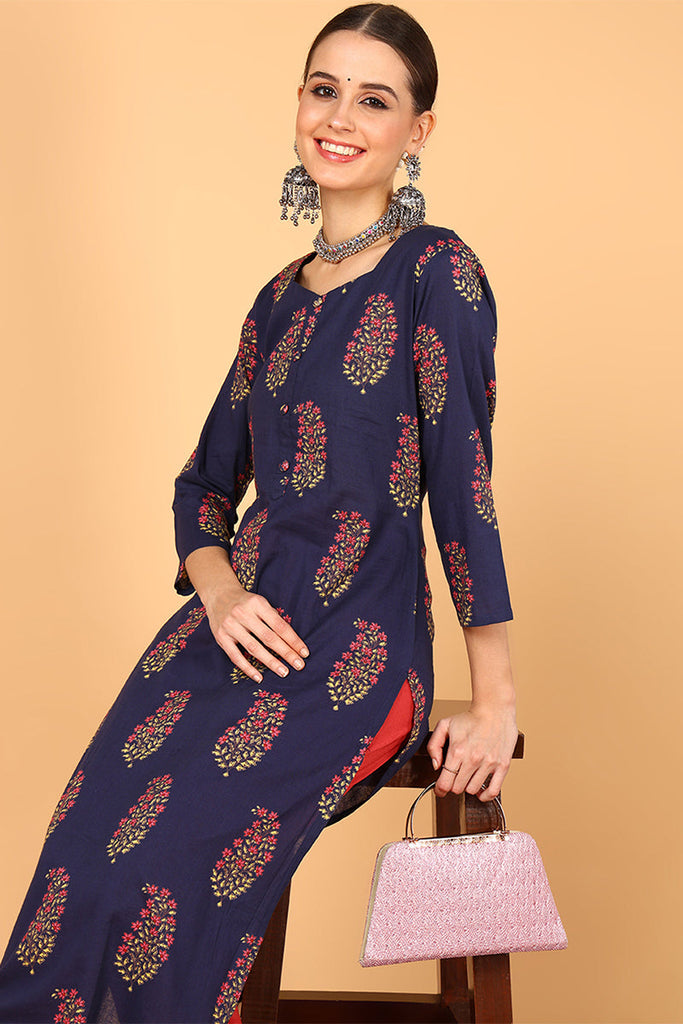 Women Fancy Occasion Wear Navy Blue Cotton Kurti VCK1395