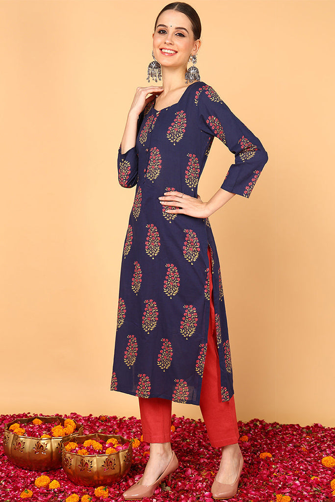 Women Fancy Occasion Wear Navy Blue Cotton Kurti VCK1395