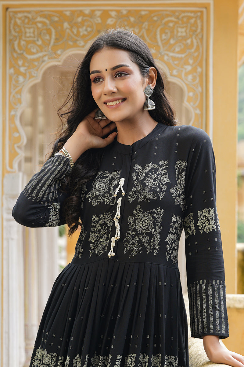   Cotton Printed Simple Function Wear Black Color Kurti